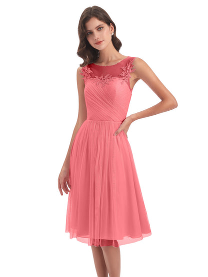 Brooklyn Knee Length Illusion Scoop Tulle Bridesmaid Dresses
