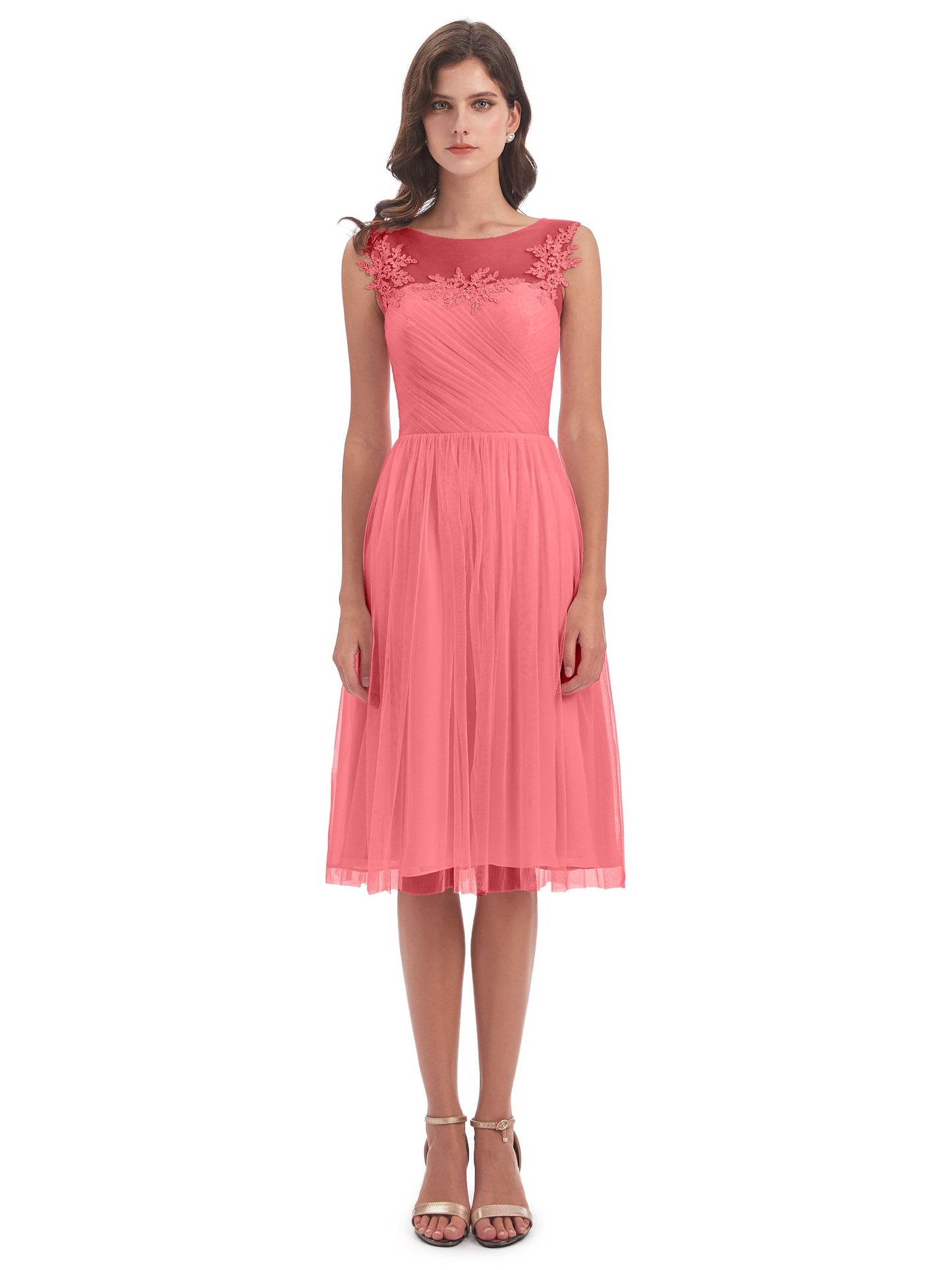 Brooklyn Knee Length Illusion Scoop Tulle Bridesmaid Dresses
