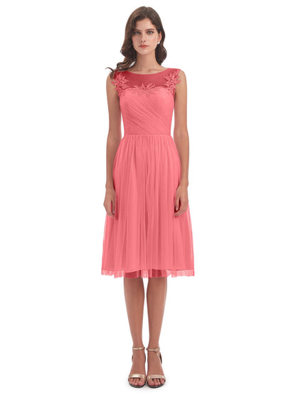 Brooklyn Knee Length Illusion Scoop Tulle Bridesmaid Dresses