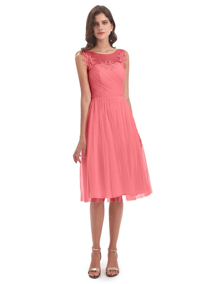 Brooklyn Knee Length Illusion Scoop Tulle Bridesmaid Dresses
