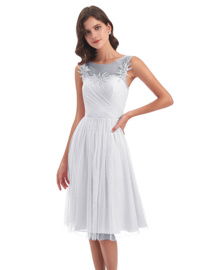 Brooklyn Knee Length Illusion Scoop Tulle Bridesmaid Dresses