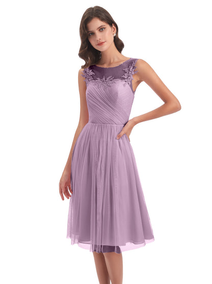 Brooklyn Knee Length Illusion Scoop Tulle Bridesmaid Dresses