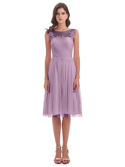 Brooklyn Knee Length Illusion Scoop Tulle Bridesmaid Dresses