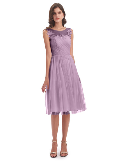 Brooklyn Knee Length Illusion Scoop Tulle Bridesmaid Dresses