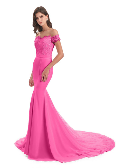 Carlee Hourglass Court Train Off The Shoulder Lace Bridesmaid Dresses