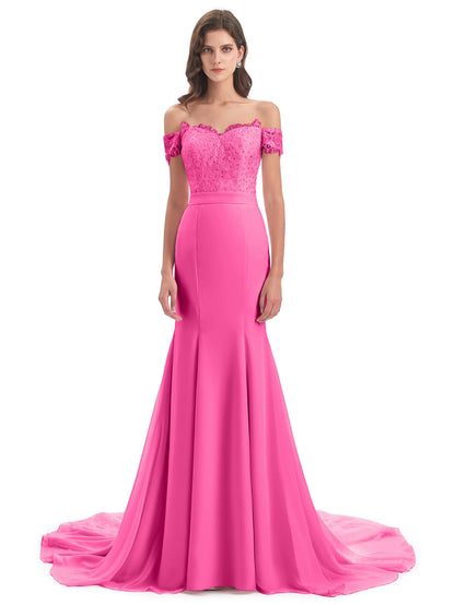 Carlee Hourglass Court Train Off The Shoulder Lace Bridesmaid Dresses