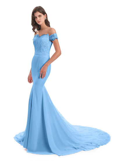 Carlee Hourglass Court Train Off The Shoulder Lace Bridesmaid Dresses