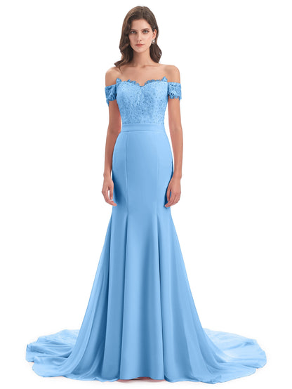 Carlee Hourglass Court Train Off The Shoulder Lace Bridesmaid Dresses