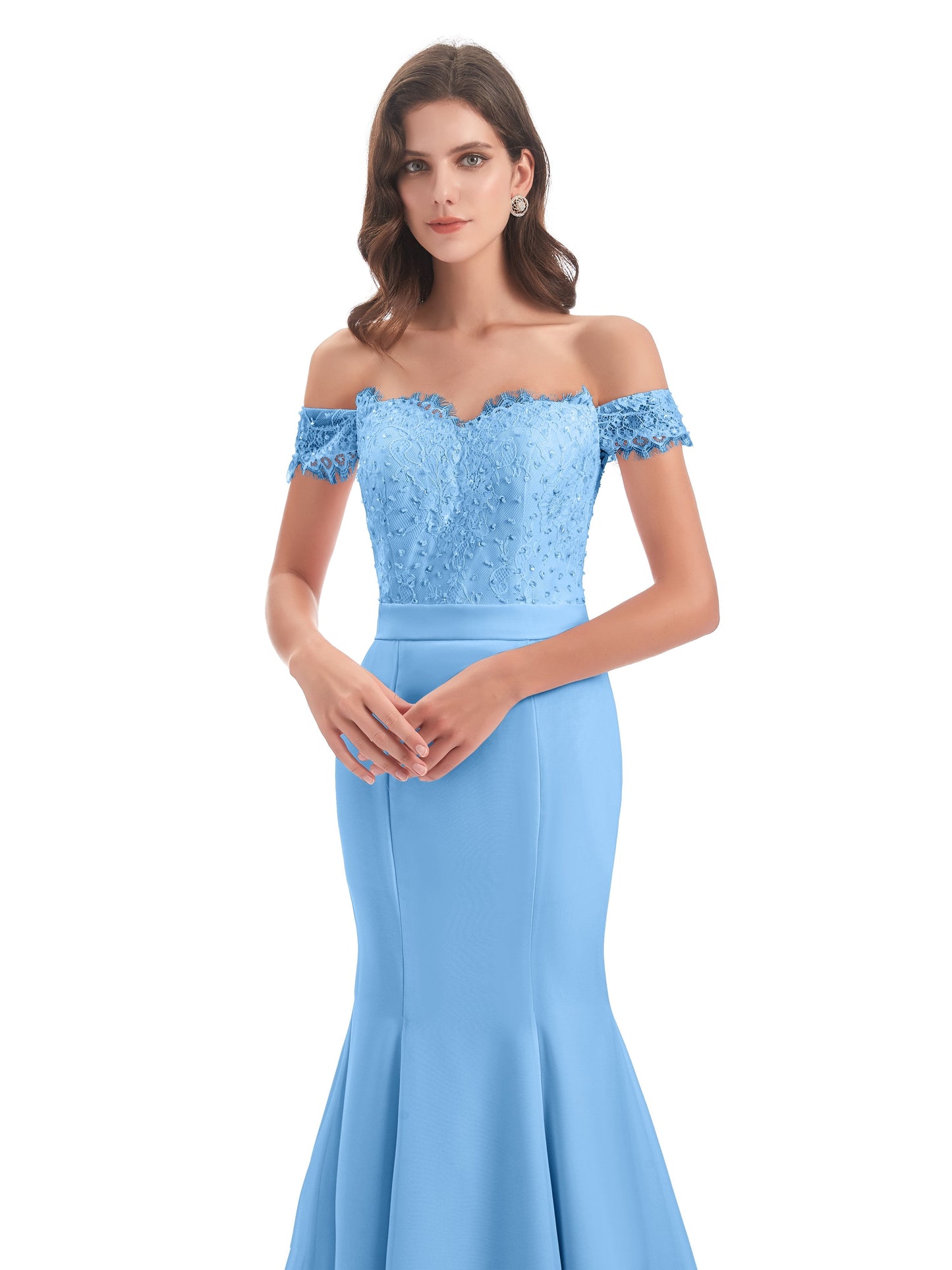 Carlee Hourglass Court Train Off The Shoulder Lace Bridesmaid Dresses
