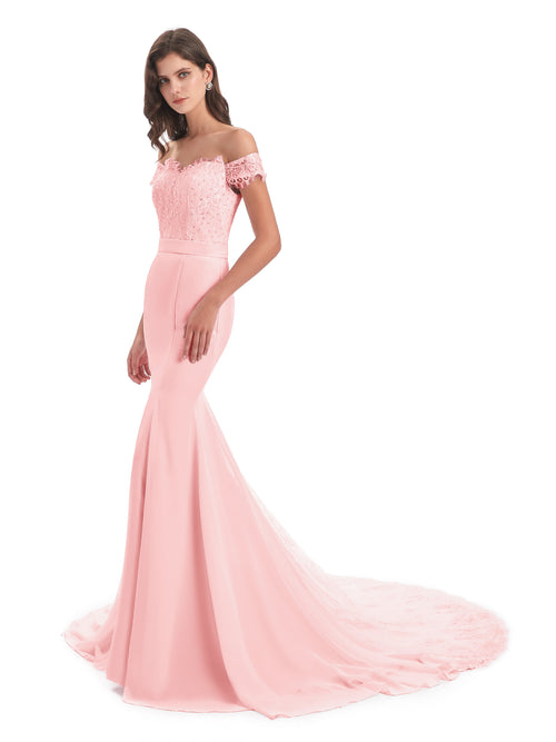 Carlee Hourglass Court Train Off The Shoulder Lace Bridesmaid Dresses