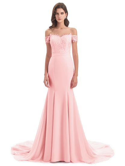 Carlee Hourglass Court Train Off The Shoulder Lace Bridesmaid Dresses