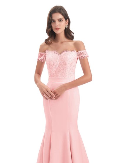 Carlee Hourglass Court Train Off The Shoulder Lace Bridesmaid Dresses