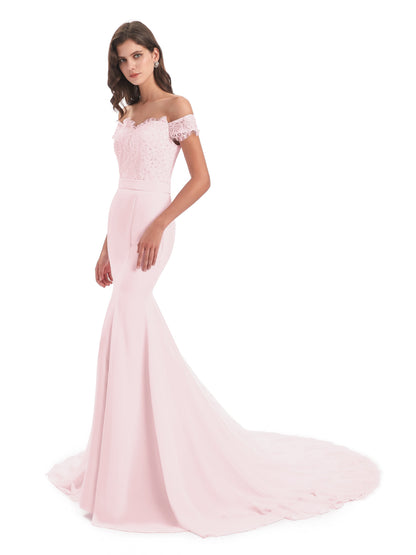 Carlee Hourglass Court Train Off The Shoulder Lace Bridesmaid Dresses