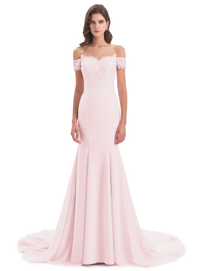 Carlee Hourglass Court Train Off The Shoulder Lace Bridesmaid Dresses