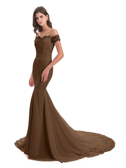 Carlee Hourglass Court Train Off The Shoulder Lace Bridesmaid Dresses