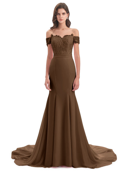 Carlee Hourglass Court Train Off The Shoulder Lace Bridesmaid Dresses