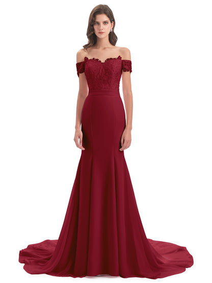 Carlee Hourglass Court Train Off The Shoulder Lace Bridesmaid Dresses