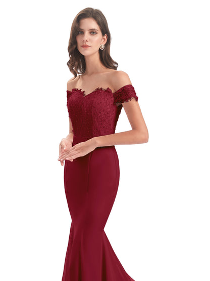 Carlee Hourglass Court Train Off The Shoulder Lace Bridesmaid Dresses