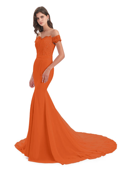 Carlee Hourglass Court Train Off The Shoulder Lace Bridesmaid Dresses