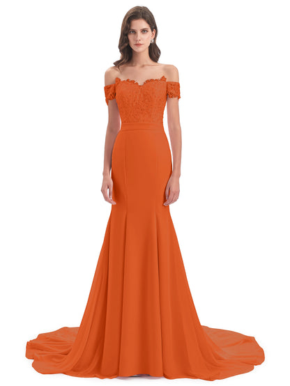 Carlee Hourglass Court Train Off The Shoulder Lace Bridesmaid Dresses
