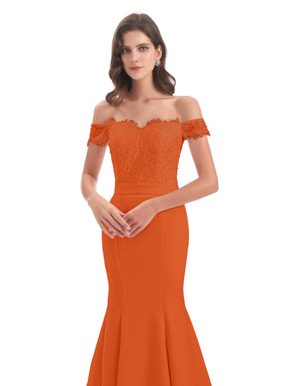 Carlee Hourglass Court Train Off The Shoulder Lace Bridesmaid Dresses
