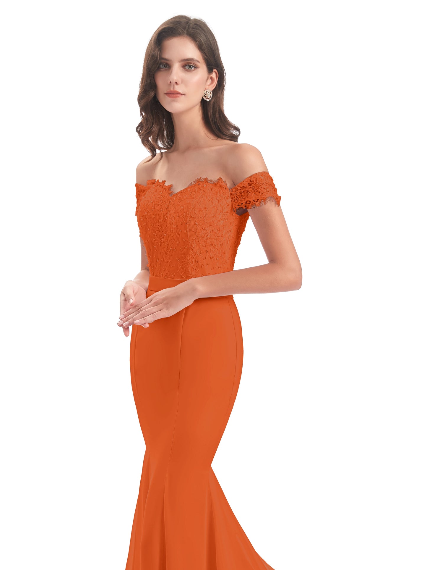 Carlee Hourglass Court Train Off The Shoulder Lace Bridesmaid Dresses