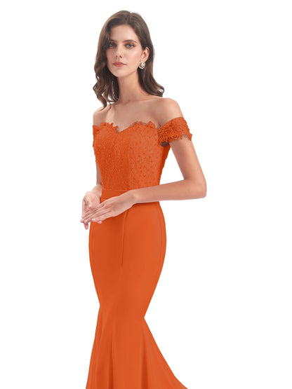 Carlee Hourglass Court Train Off The Shoulder Lace Bridesmaid Dresses