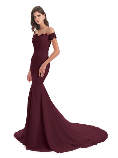 Carlee Hourglass Court Train Off The Shoulder Lace Bridesmaid Dresses