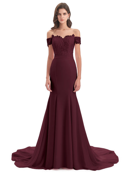 Carlee Hourglass Court Train Off The Shoulder Lace Bridesmaid Dresses