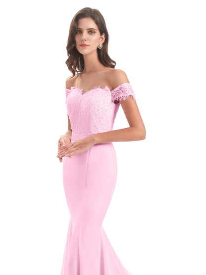 Carlee Hourglass Court Train Off The Shoulder Lace Bridesmaid Dresses