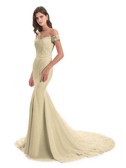 Carlee Hourglass Court Train Off The Shoulder Lace Bridesmaid Dresses