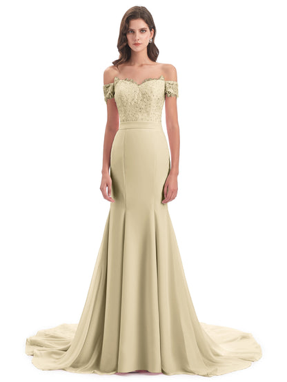 Carlee Hourglass Court Train Off The Shoulder Lace Bridesmaid Dresses