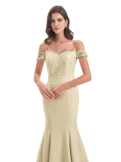 Carlee Hourglass Court Train Off The Shoulder Lace Bridesmaid Dresses