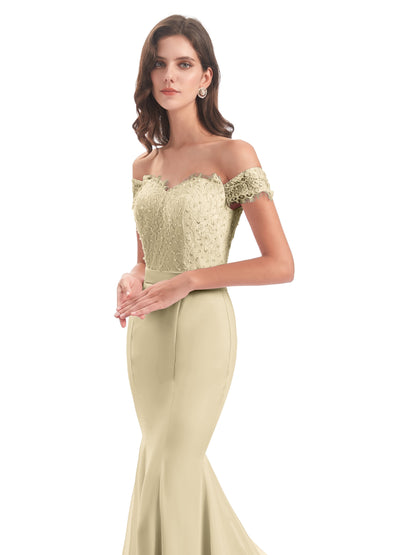 Carlee Hourglass Court Train Off The Shoulder Lace Bridesmaid Dresses