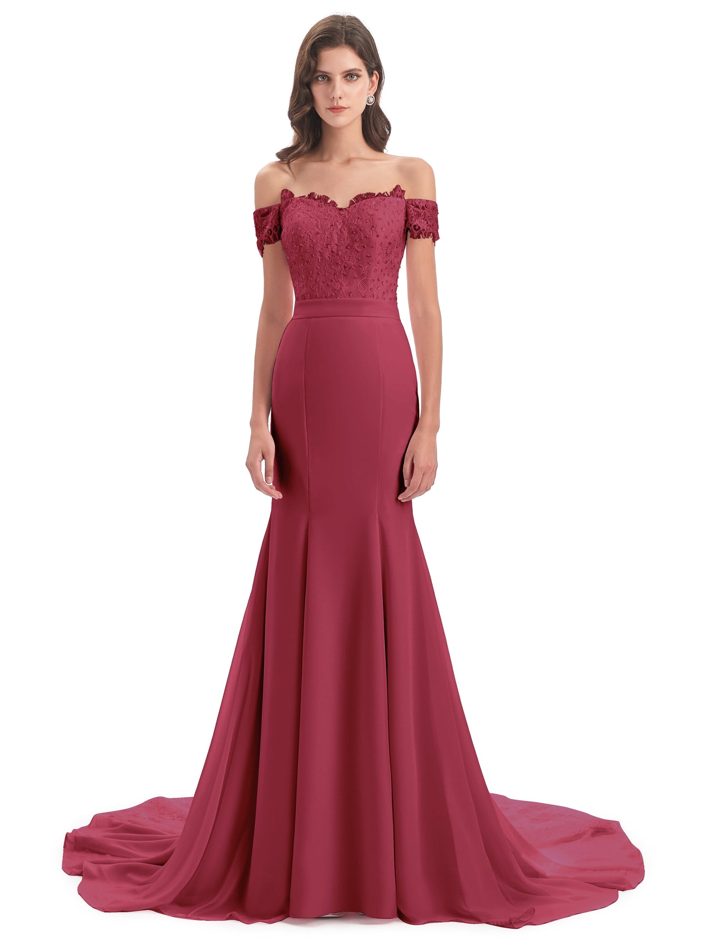 Carlee Hourglass Court Train Off The Shoulder Lace Bridesmaid Dresses