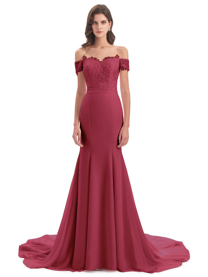 Carlee Hourglass Court Train Off The Shoulder Lace Bridesmaid Dresses
