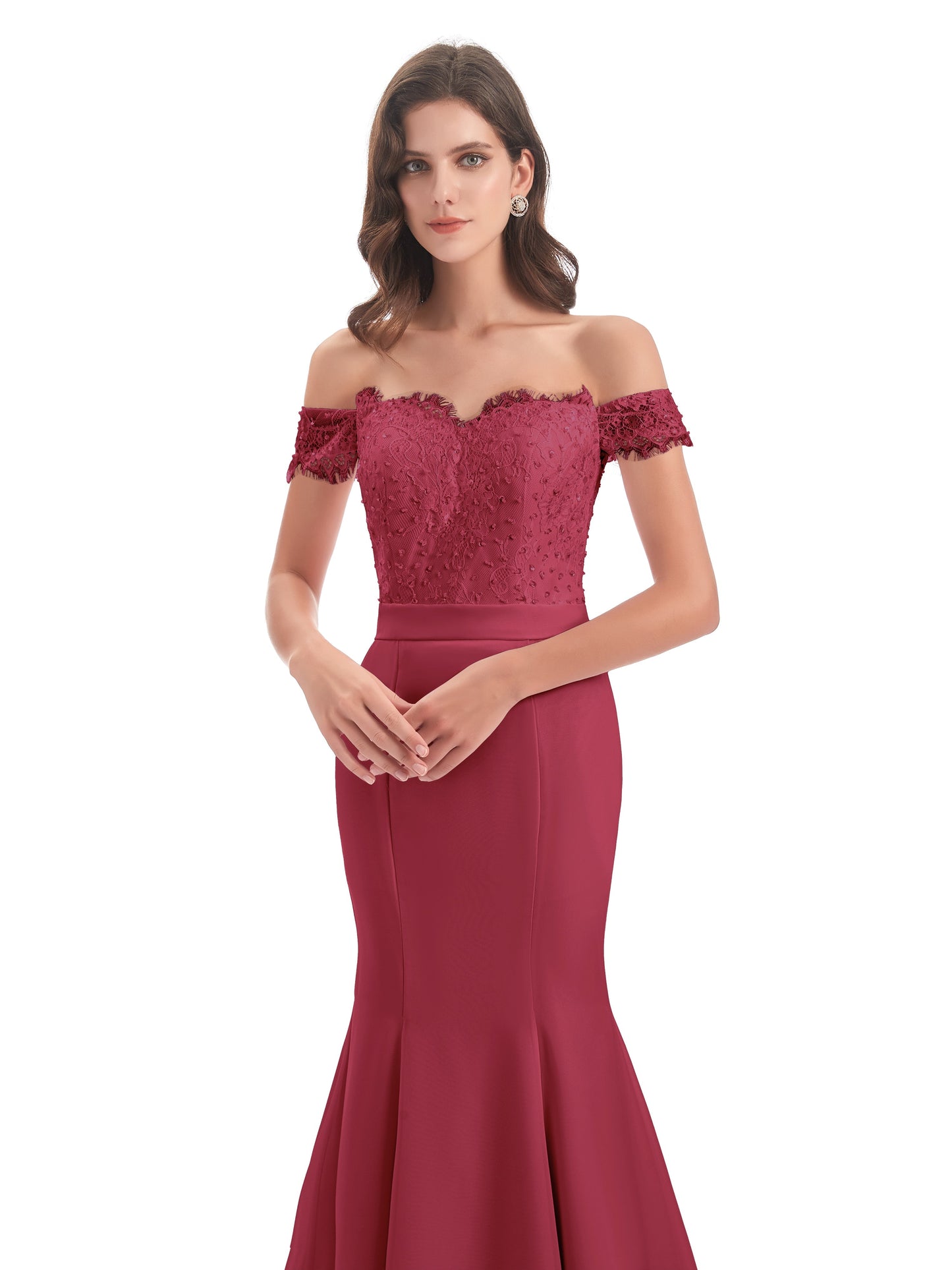 Carlee Hourglass Court Train Off The Shoulder Lace Bridesmaid Dresses
