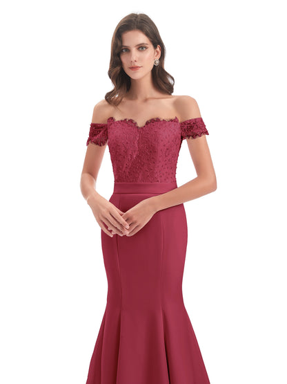 Carlee Hourglass Court Train Off The Shoulder Lace Bridesmaid Dresses