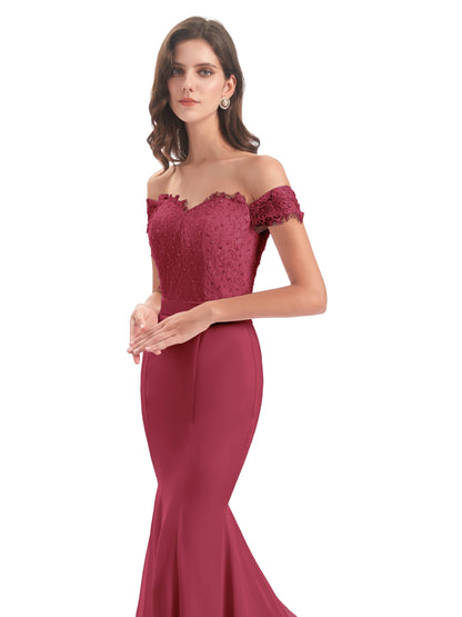 Carlee Hourglass Court Train Off The Shoulder Lace Bridesmaid Dresses