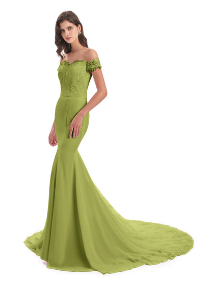 Carlee Hourglass Court Train Off The Shoulder Lace Bridesmaid Dresses