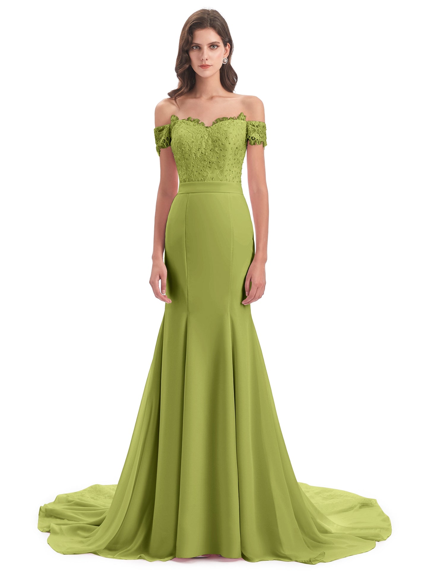 Carlee Hourglass Court Train Off The Shoulder Lace Bridesmaid Dresses