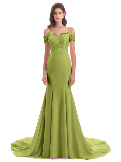Carlee Hourglass Court Train Off The Shoulder Lace Bridesmaid Dresses