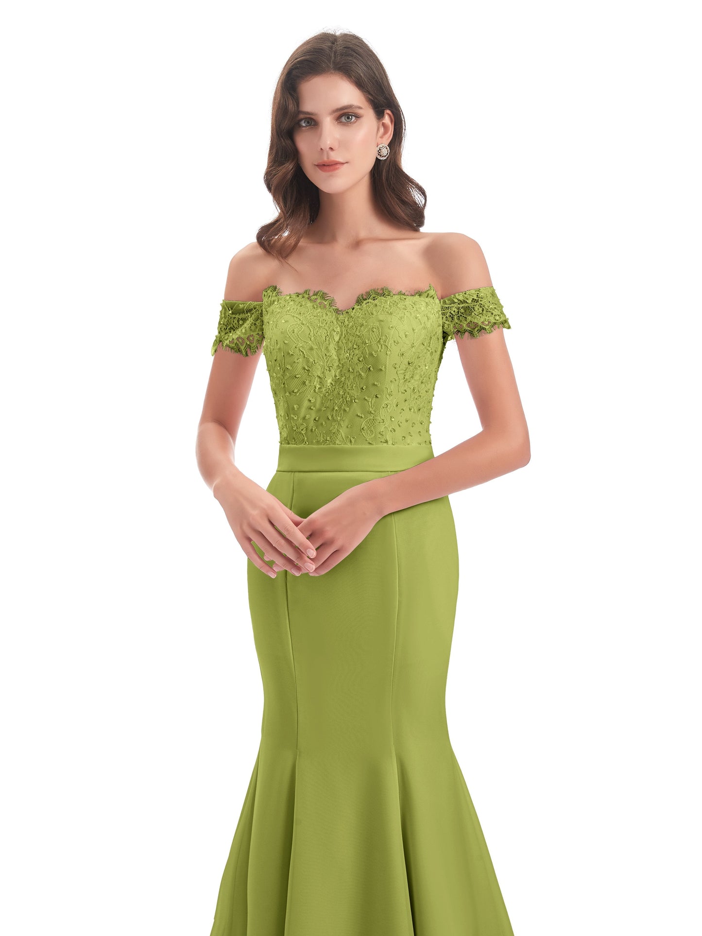 Carlee Hourglass Court Train Off The Shoulder Lace Bridesmaid Dresses