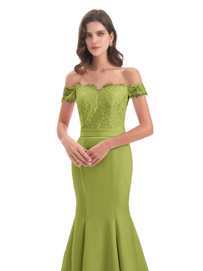 Carlee Hourglass Court Train Off The Shoulder Lace Bridesmaid Dresses
