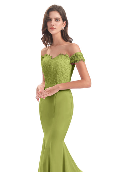 Carlee Hourglass Court Train Off The Shoulder Lace Bridesmaid Dresses