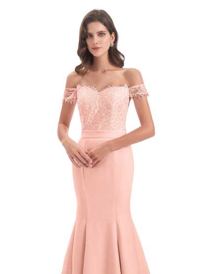 Carlee Hourglass Court Train Off The Shoulder Lace Bridesmaid Dresses