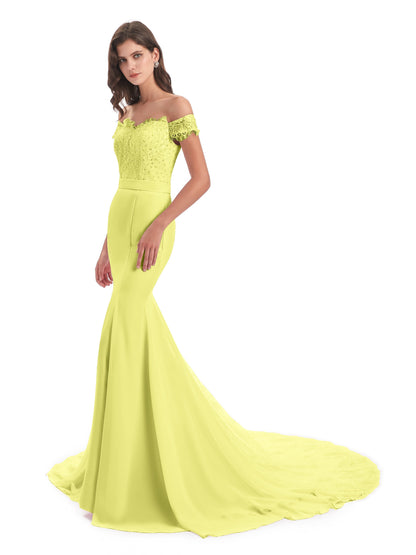 Carlee Hourglass Court Train Off The Shoulder Lace Bridesmaid Dresses