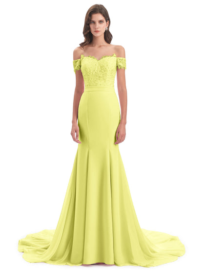 Carlee Hourglass Court Train Off The Shoulder Lace Bridesmaid Dresses