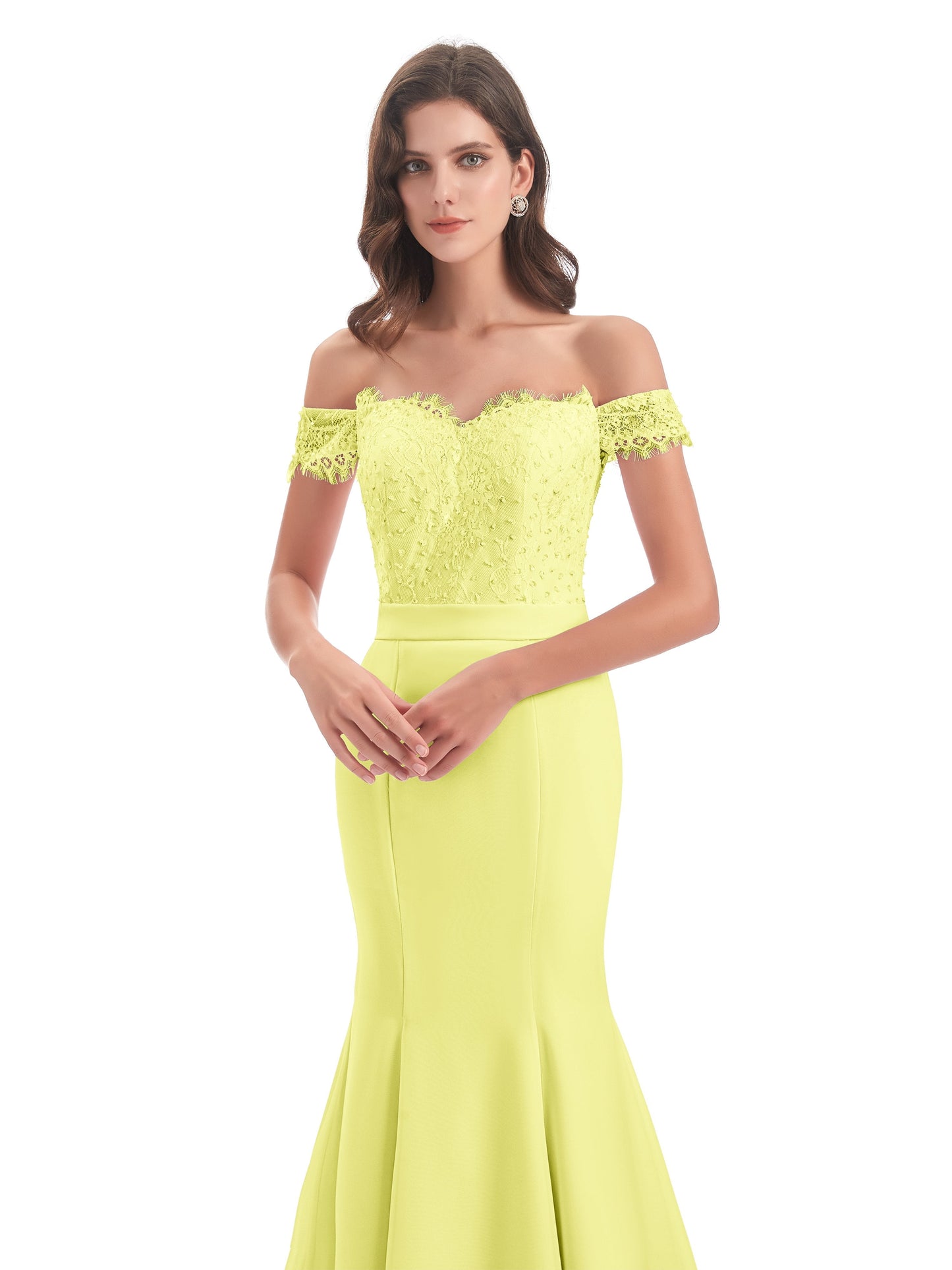 Carlee Hourglass Court Train Off The Shoulder Lace Bridesmaid Dresses