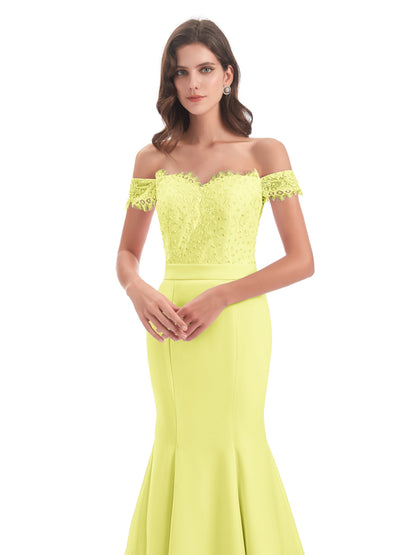 Carlee Hourglass Court Train Off The Shoulder Lace Bridesmaid Dresses